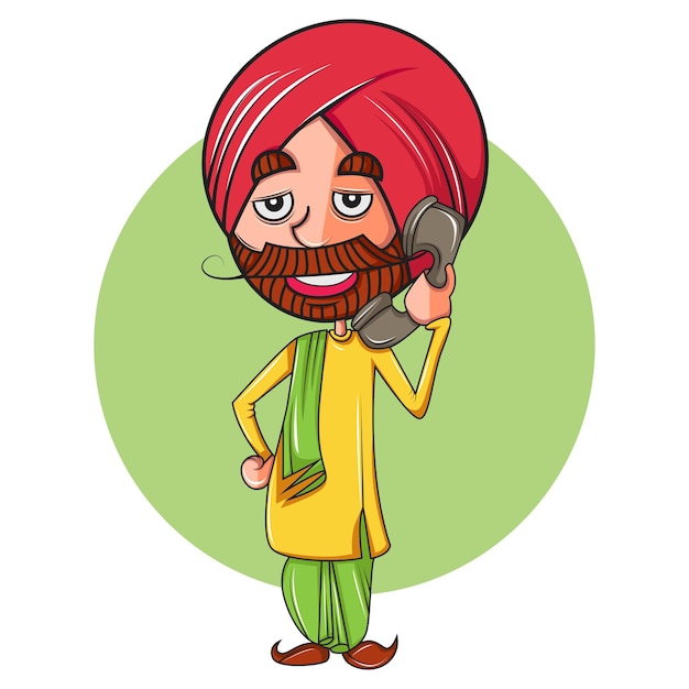 Vector cartoon illustration of punjabi man talking on phone