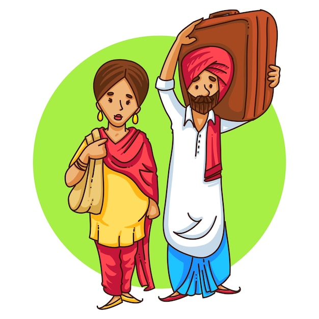 Vector cartoon illustration of a Punjabi sardar couple travelling