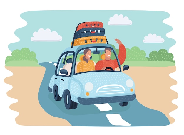 Vector cartoon illustration of Riding man traveling by car on the countryside road