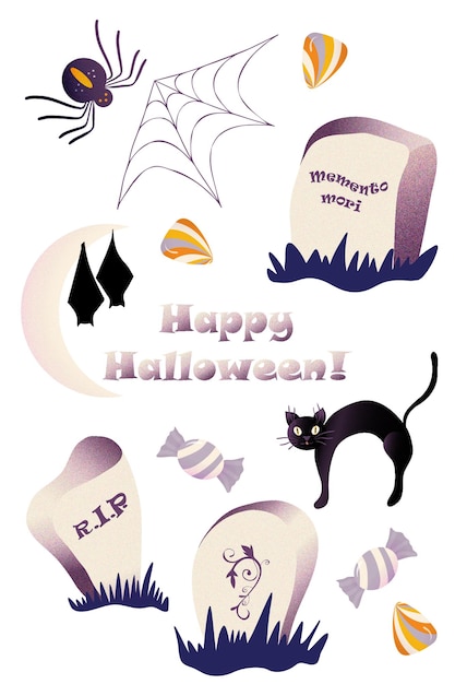 Vector cartoon illustration set with isolated objects grave stone bat moon spider and cobweb sweets Perfect for Halloween print poster scrapbooking greeting card party invitation tag