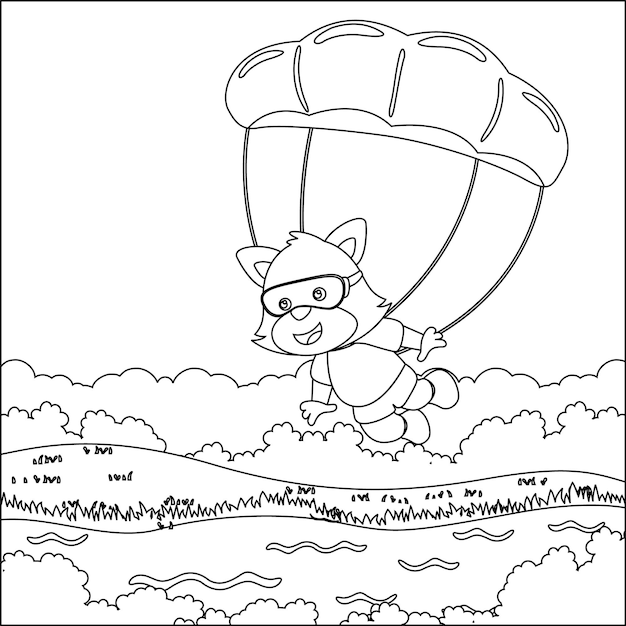 Vector cartoon illustration of skydiving with litlle fox with cartoon style colouring book or page