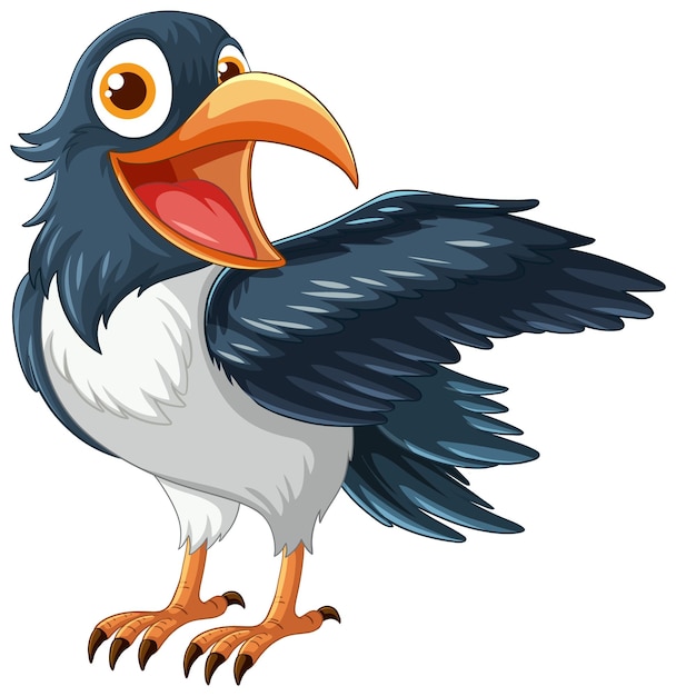 A vector cartoon illustration of a smiling raven standing with o