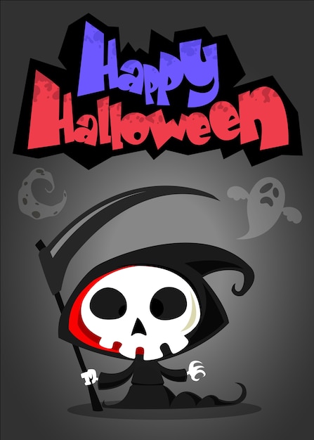 Vector cartoon illustration of spooky Halloween death with scythe, skeleton character maskot