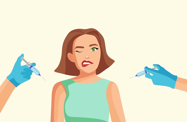 Vector cartoon illustration of vaccination against virus The girl is afraid of the injection