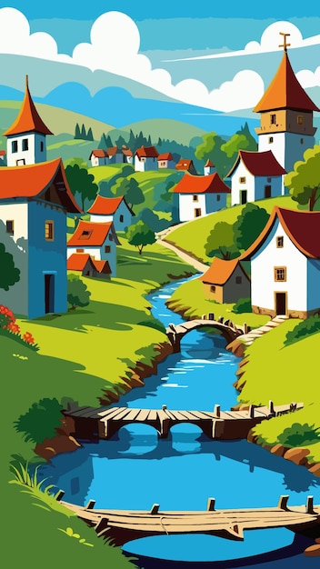 Vector vector of a cartoon illustration of a village with houses in the background