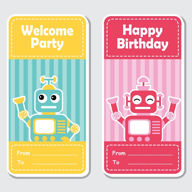 Vector cartoon illustration with cute blue and red robots on striped background suitable for birthday label design, banner set and invitation card