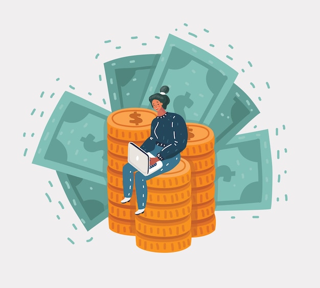 Vector cartoon illustration of woman sits on a big mountain of gold coins and green banknotes, works with laptop. Job and freelance concept on white background.