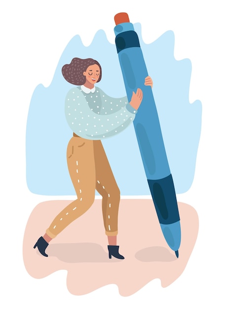 Vector cartoon illustration of young girl stands with a huge pen The artist with the pen