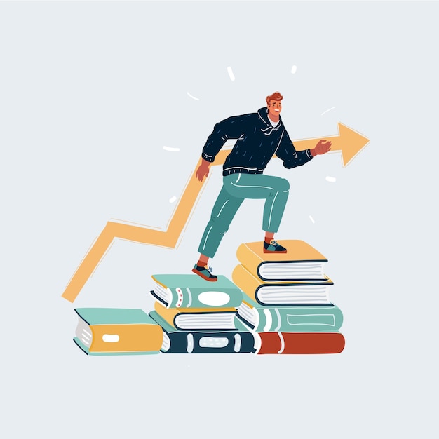 Vector cartoon illustration of young man steeps on stacks of book Studying concept