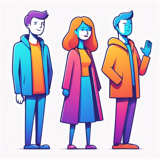 Vector vector cartoon illustration of a young man and woman in casual clothes blue jacket with red