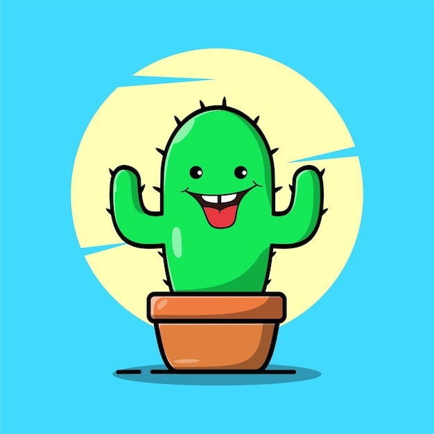 Vector cartoon illustrations of green cactus with happy emotions Funny emotions character