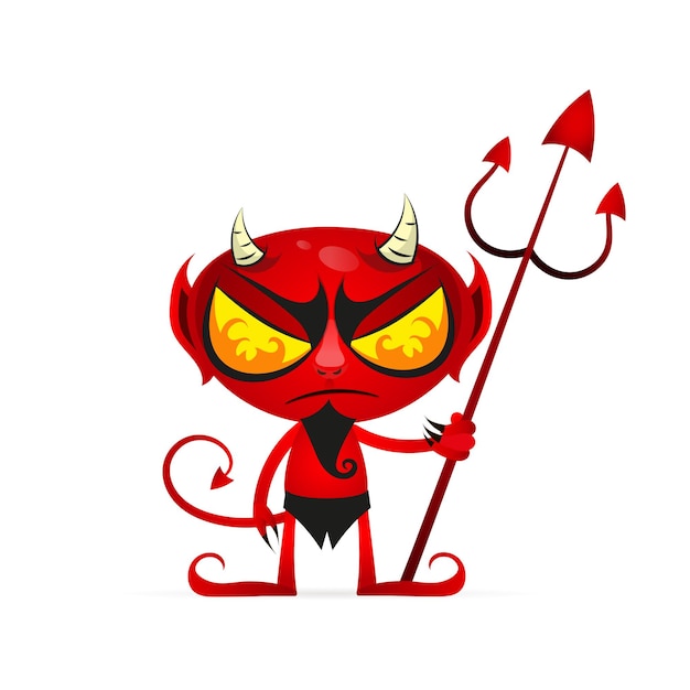 Vector cartoon image of funny red devil with horns and tail running somewhere and smiling on a white background.