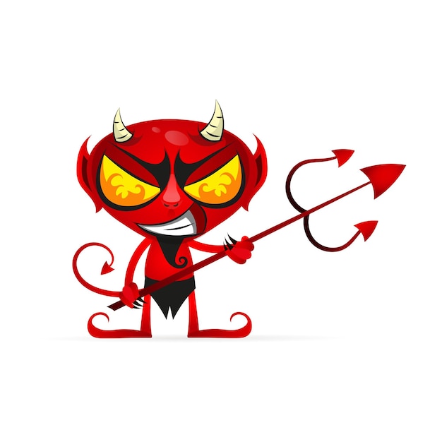 Vector cartoon image of funny red devil with horns and tail running somewhere and smiling on a white background.