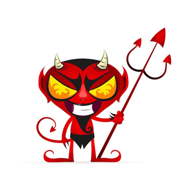 Vector cartoon image of funny red devil with horns and tail running somewhere and smiling on a white background.