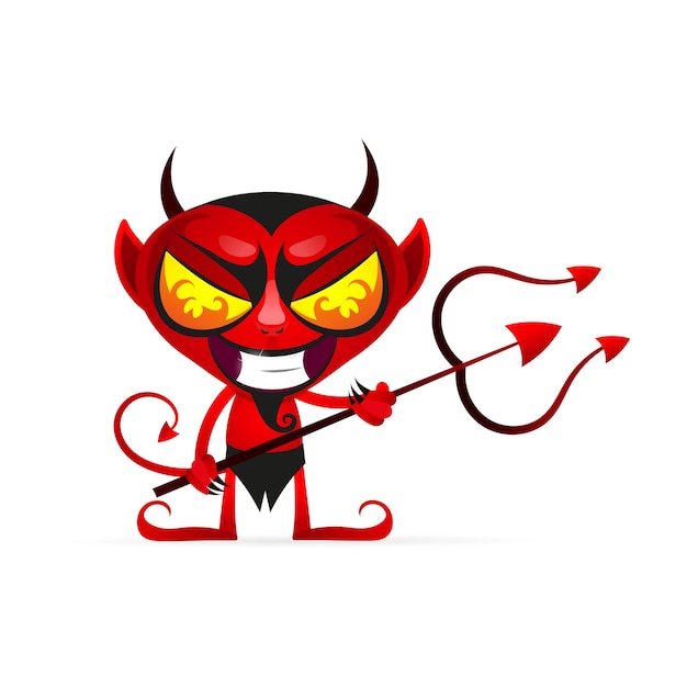 Vector cartoon image of funny red devil with horns and tail running somewhere and smiling on a white background.