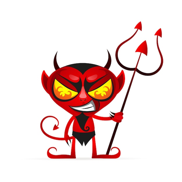 Vector vector cartoon image of funny red devil with horns and tail running somewhere and smiling on a white background.