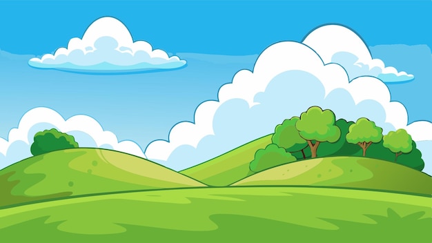 Vector vector cartoon landscape with white clouds on sky background with cloud and beautiful field summer