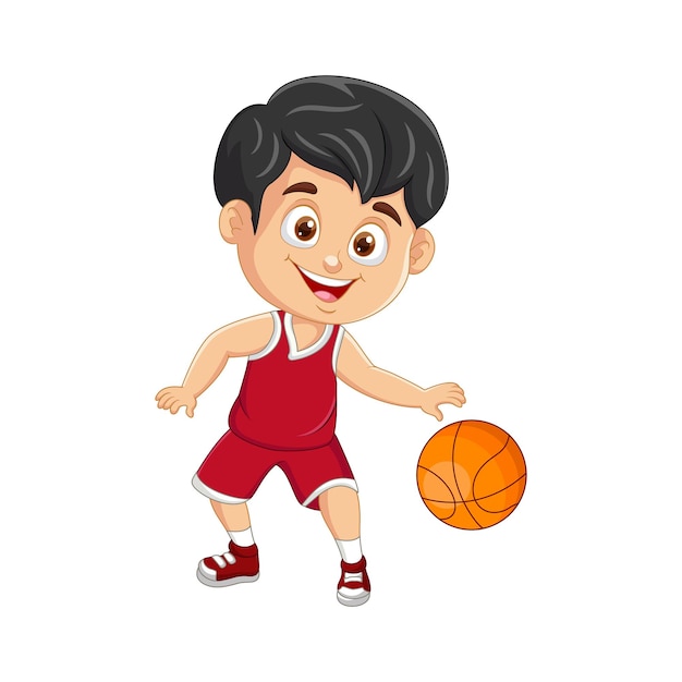 Vector cartoon little boy playing basketball