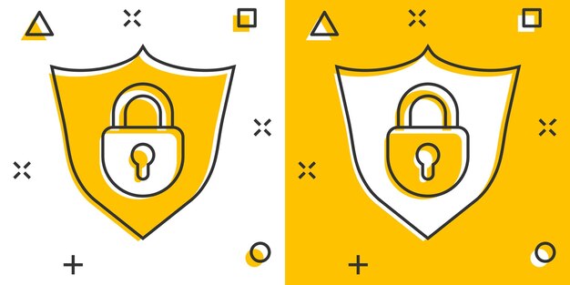 Vector cartoon lock with shield security icon in comic style Protection illustration pictogram Shield business splash effect concept