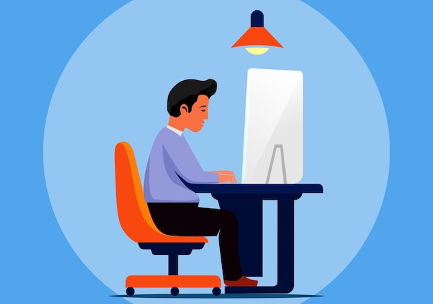 vector cartoon male worker sitting at desk using computer