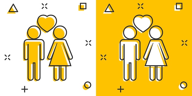 Vector cartoon man and woman with heart icon in comic style People sign illustration pictogram Relations business splash effect concept