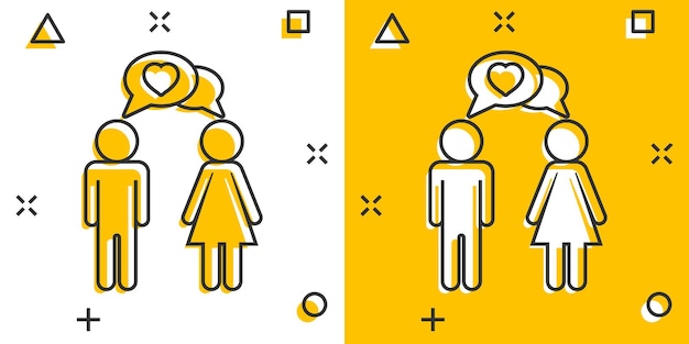 Vector cartoon man and woman with heart icon in comic style People sign illustration pictogram Relations business splash effect concept