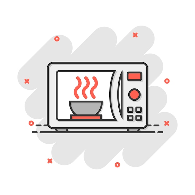 Vector cartoon microwave icon in comic style Microwave oven sign illustration pictogram Stove business splash effect concept