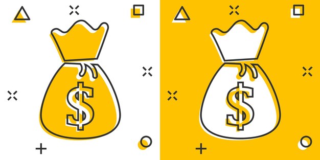 Vector cartoon money bag icon in comic style Moneybag with dollar illustration pictogram Money cash sack splash effect concept