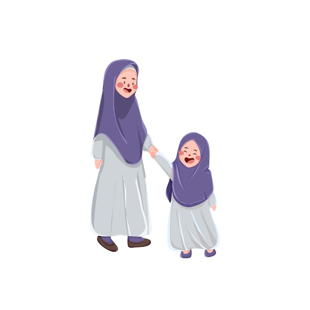 Vector cartoon muslim mother and daughter holding hands illustration