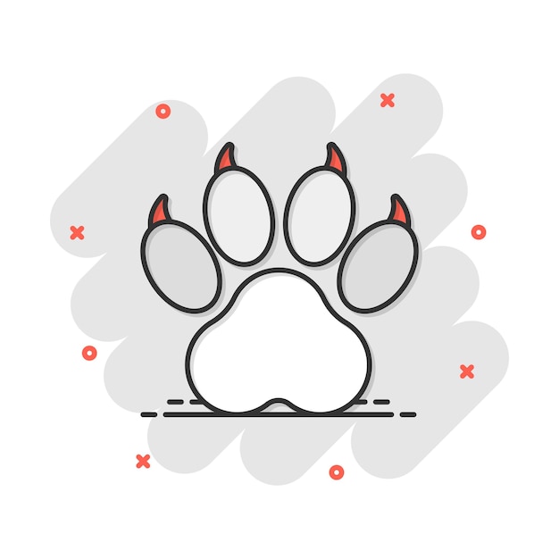 Vector cartoon paw print icon in comic style Dog cat bear paw sign illustration pictogram Animal foot business splash effect concept