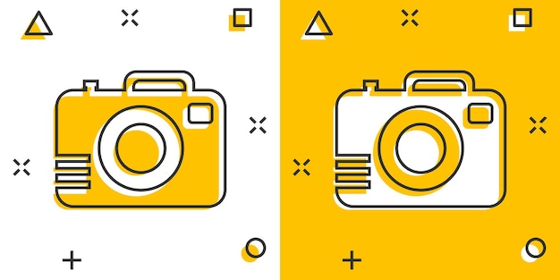 Vector cartoon photo camera icon in comic style Photographer cam sign illustration pictogram Camera business splash effect concept