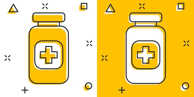 Vector cartoon pill icon in comic style Tablet concept illustration pictogram Bottle medical business splash effect concept