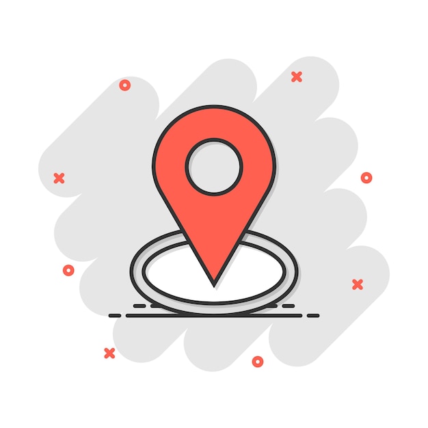 Vector cartoon pin location icon in comic style Navigation map gps sign illustration pictogram Pin business splash effect concept