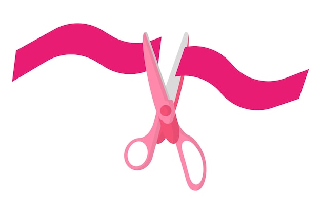 Vector cartoon pink scissors with cut ribbon. Back to school.