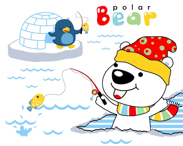 Vector cartoon of polar bear with penguin fishing