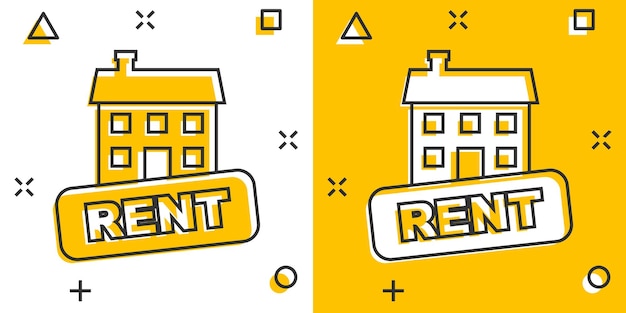 Vector cartoon rent house icon in comic style Rent sign illustration pictogram Rental business splash effect concept