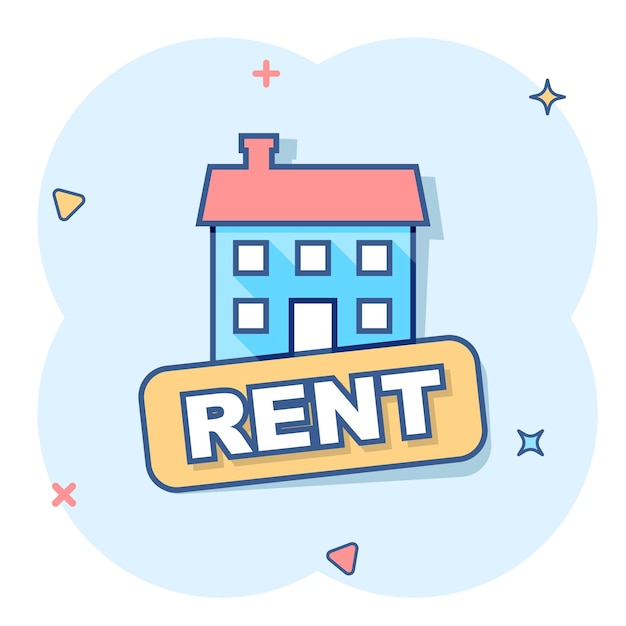 Vector cartoon rent house icon in comic style Rent sign illustration pictogram Rental business splash effect concept