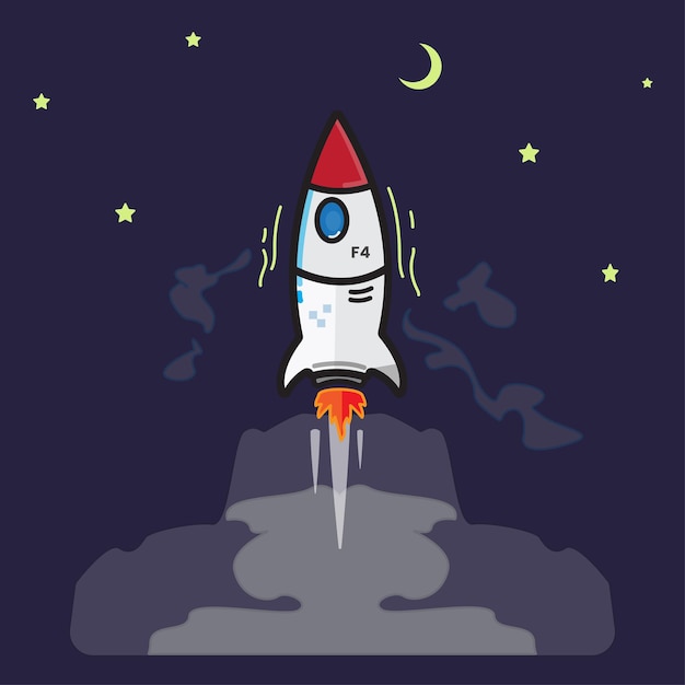 Vector cartoon rocket gliding between the stars and the moon perfect for illustration and animation