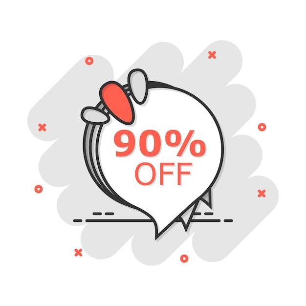 Vector cartoon sale 90 banner icon in comic style Badge shopping illustration pictogram Discount price tag business splash effect concept