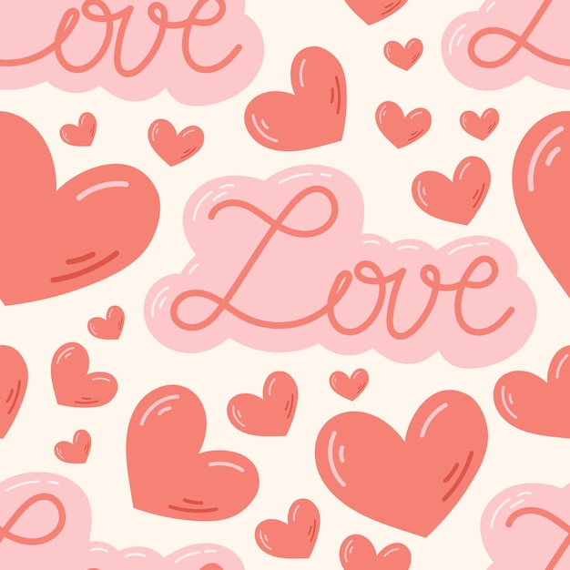 Vector cartoon seamless pattern with hearts and love lettering