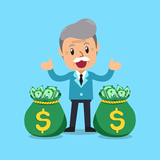 Vector cartoon senior businessman with money bags