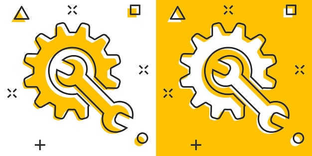 Vector cartoon service tool icon in comic style Cogwheel with wrench sign illustration pictogram Workshop business splash effect concept