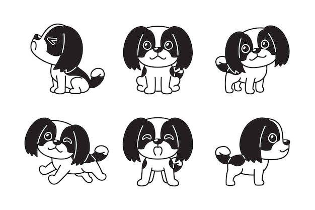 Vector cartoon set of black and white color shih tzu dog