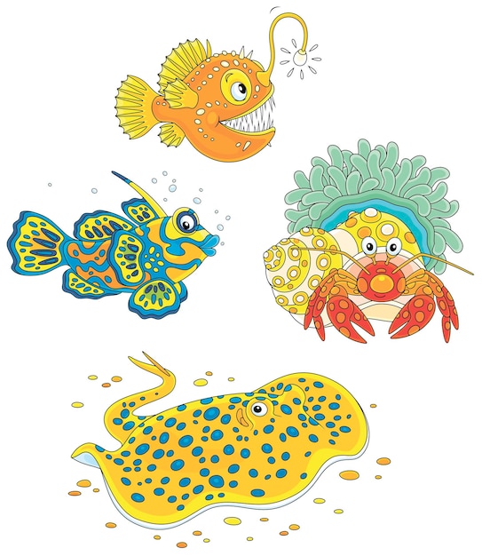 Vector cartoon set of a Diogenescrab with an actinia a ray a mandarin fish and an angler fish