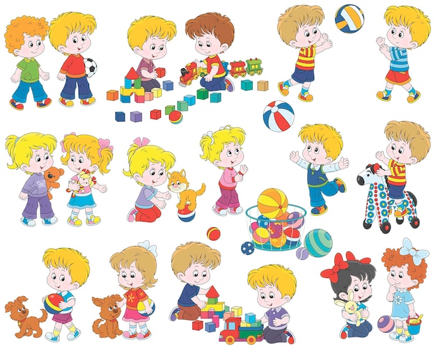 Vector cartoon set of happy little children playing with their funny toys and pets