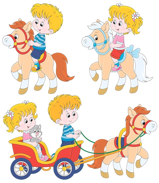 Vector cartoon set of happy little children riding on small ponies and a drawn carriage