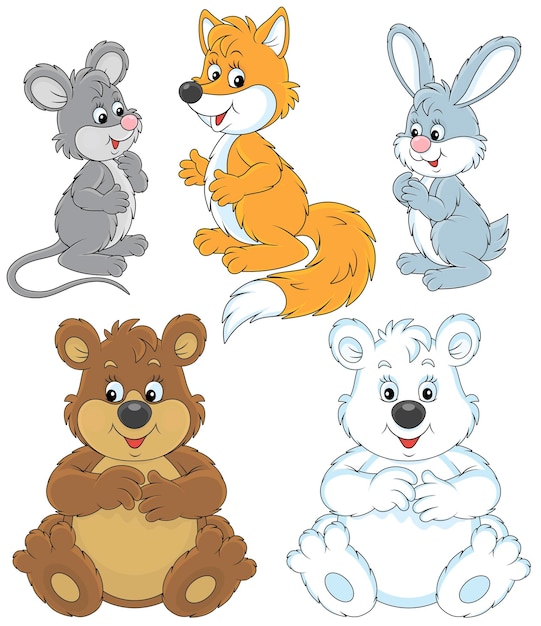 Vector cartoon set of a little mouse, a fox, a rabbit, a bear and a polar bear