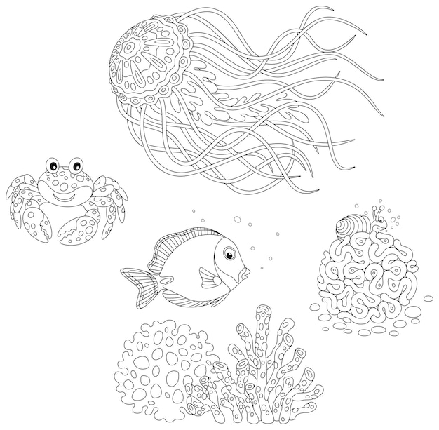 Vector cartoon set of a surgeon fish a jellyfish a funny crab a small snail and tropical corals