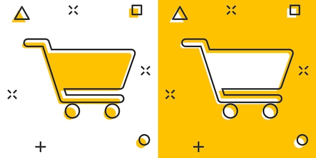 Vector cartoon shopping cart icon in comic style Shop bag sign illustration pictogram Mall business splash effect concept