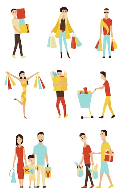 Vector vector cartoon shopping people with bags set sale in shop concept element